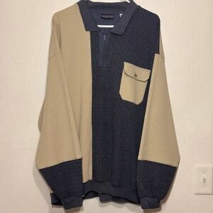 Private Club Polo Shirt Mens 3X Blue Tan Vintage Colorblock Waffle Knit